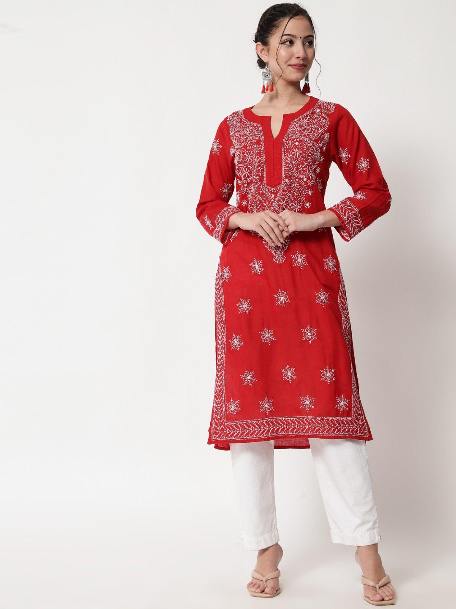 women's red hand embroidered chikankari cotton straight kurta