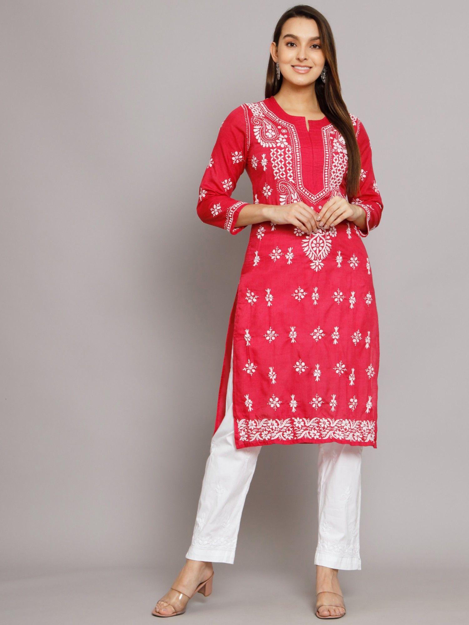 women's red hand embroidered chikankari cotton straight kurta