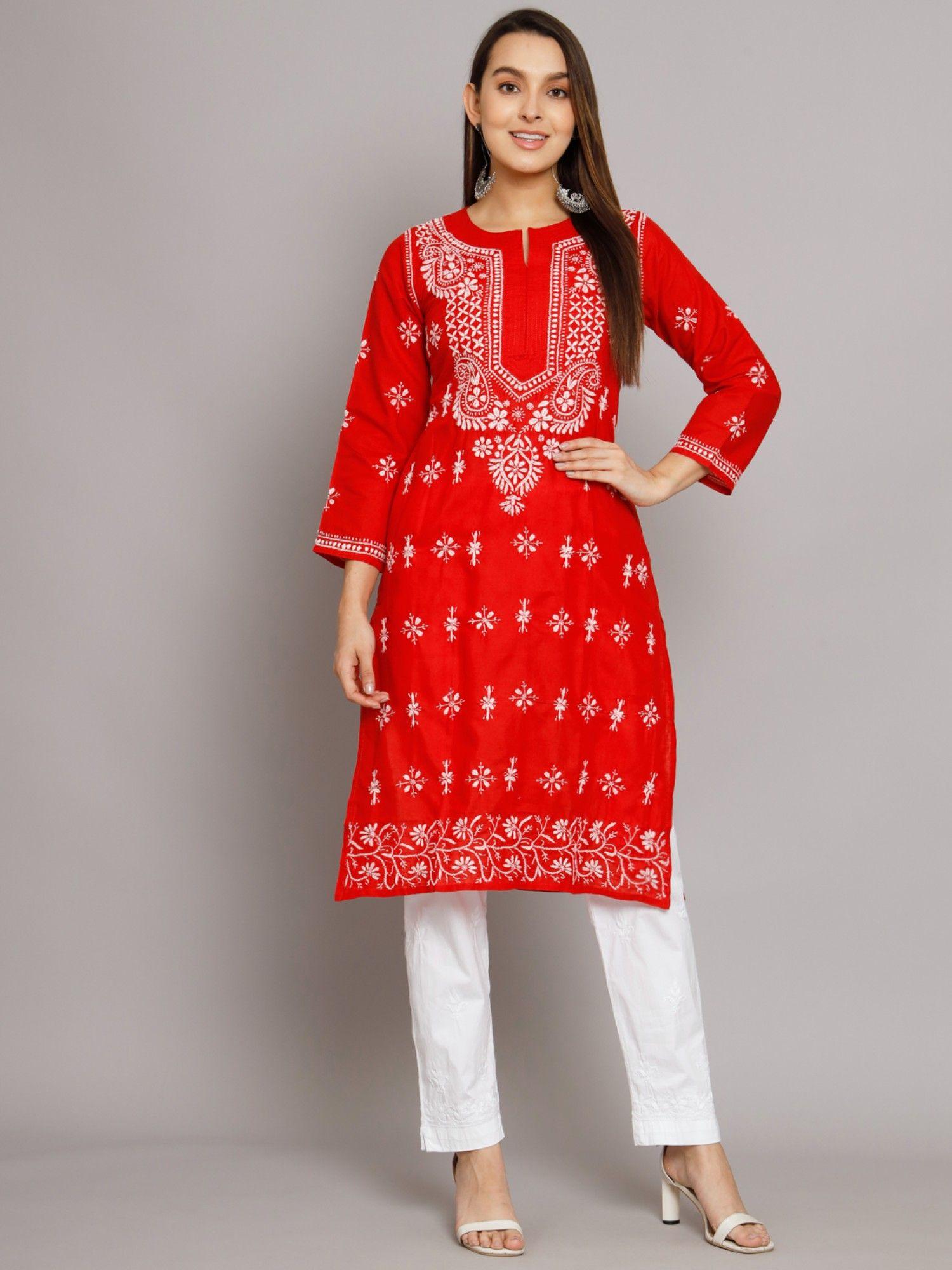 women's red hand embroidered chikankari cotton straight kurta