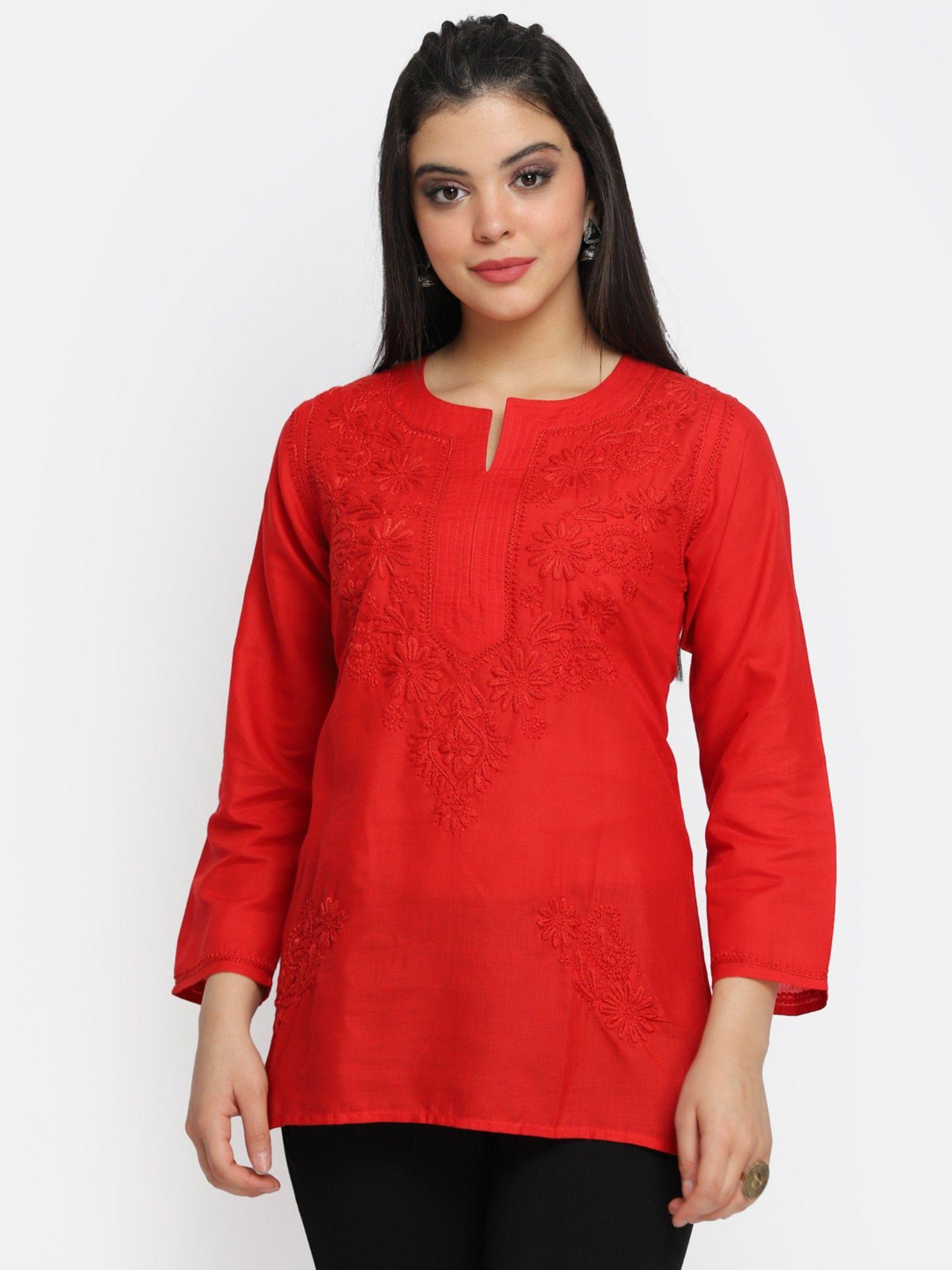 women's red hand embroidered chikankari cotton straight short tunic