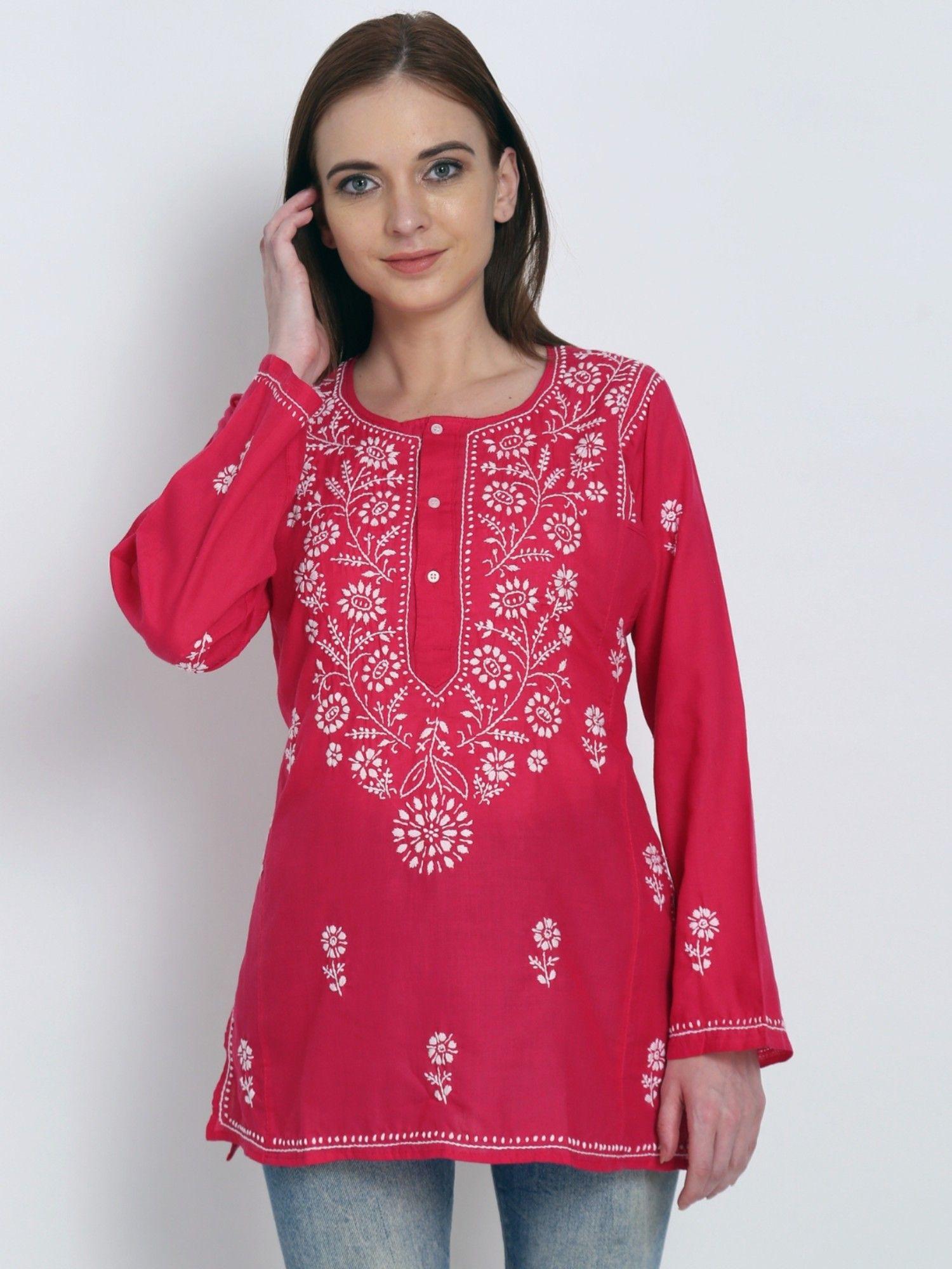 women's red hand embroidered chikankari cotton straight short tunic