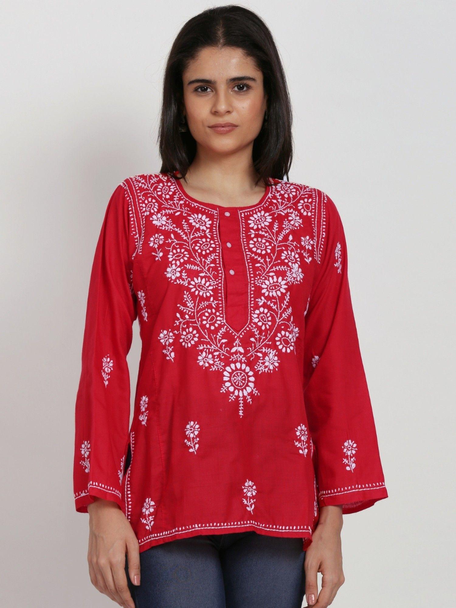 women's red hand embroidered chikankari cotton straight short tunic