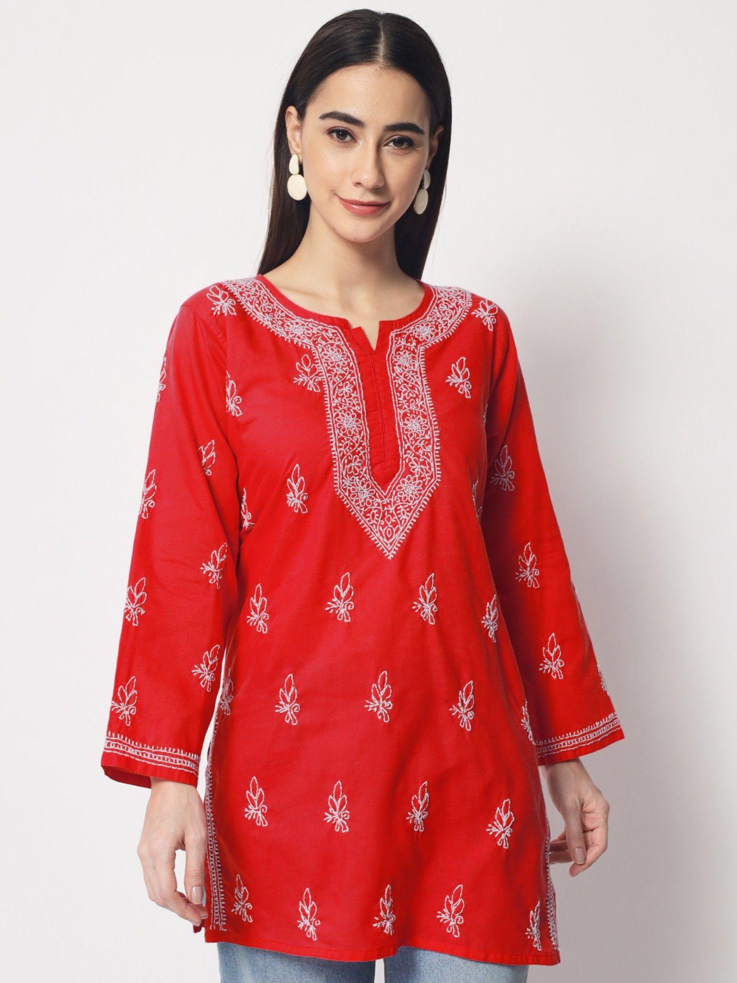 women's red hand embroidered chikankari cotton straight tunic