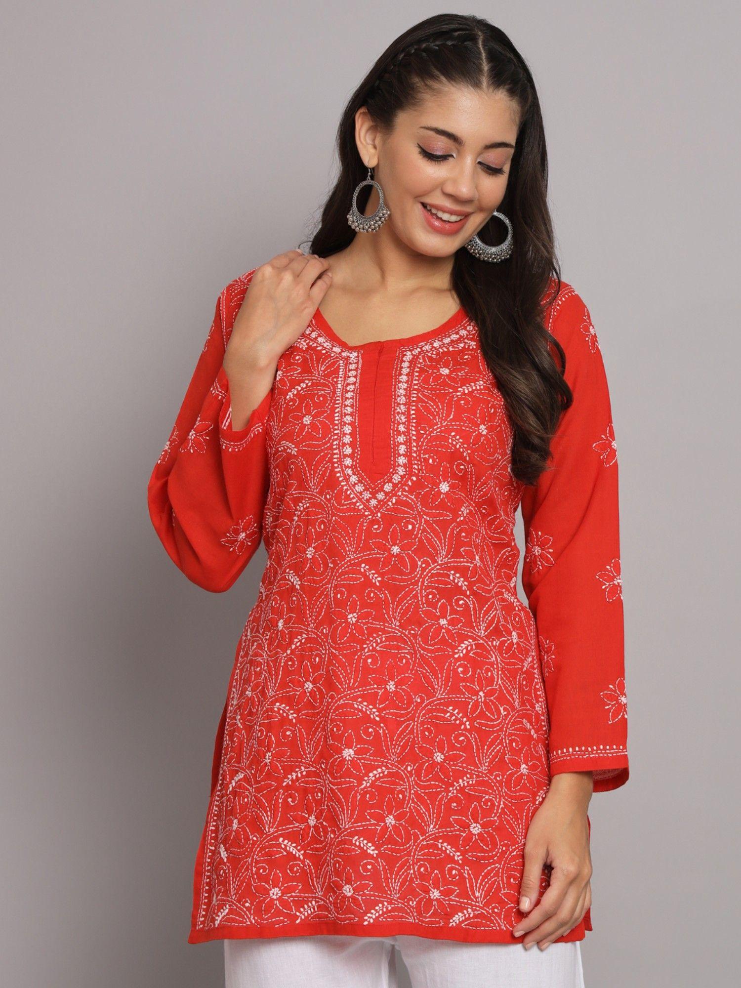 women's red hand embroidered lucknowi chikankari cotton tunic