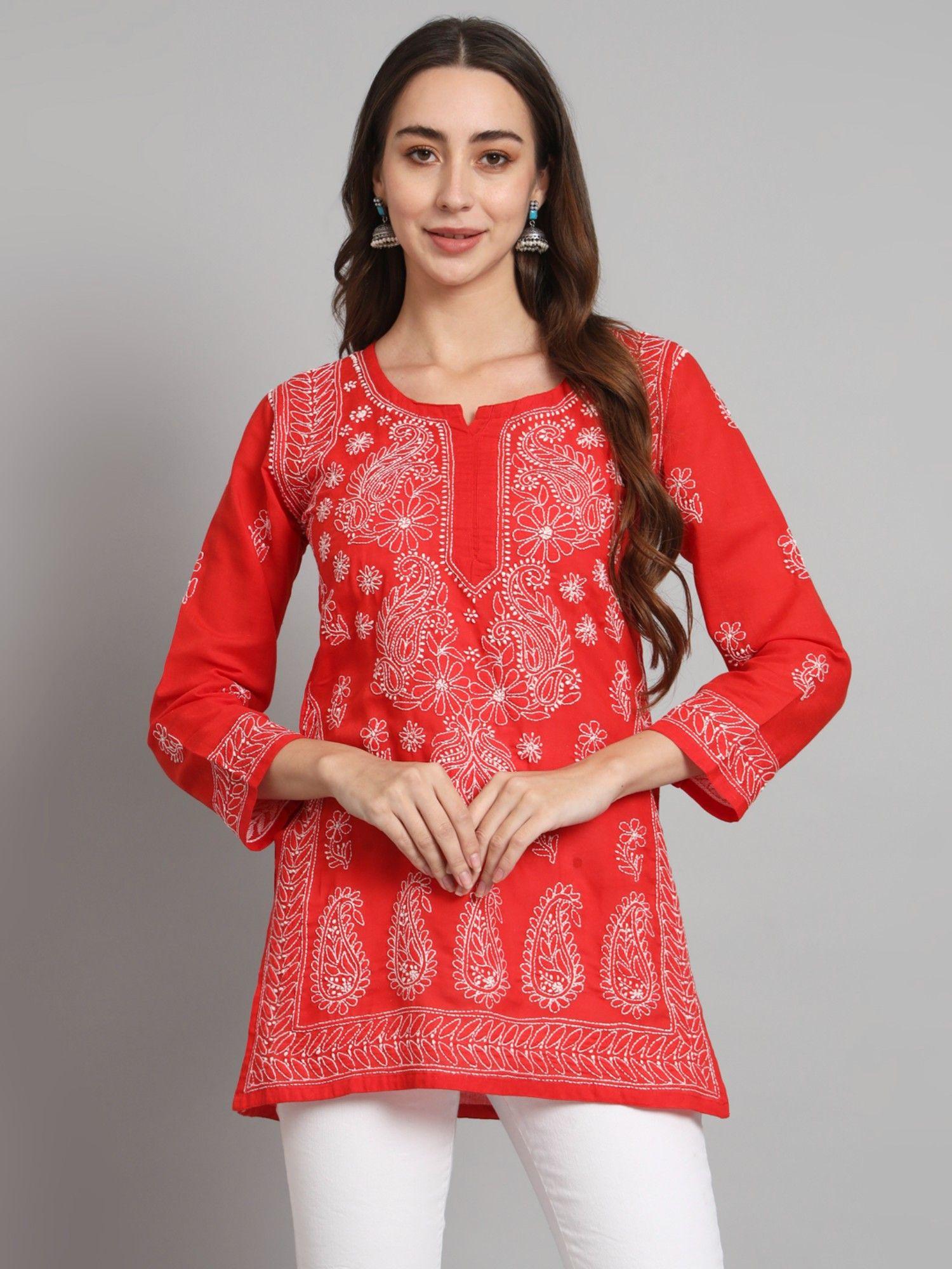 women's red hand embroidered lucknowi chikankari cotton tunic