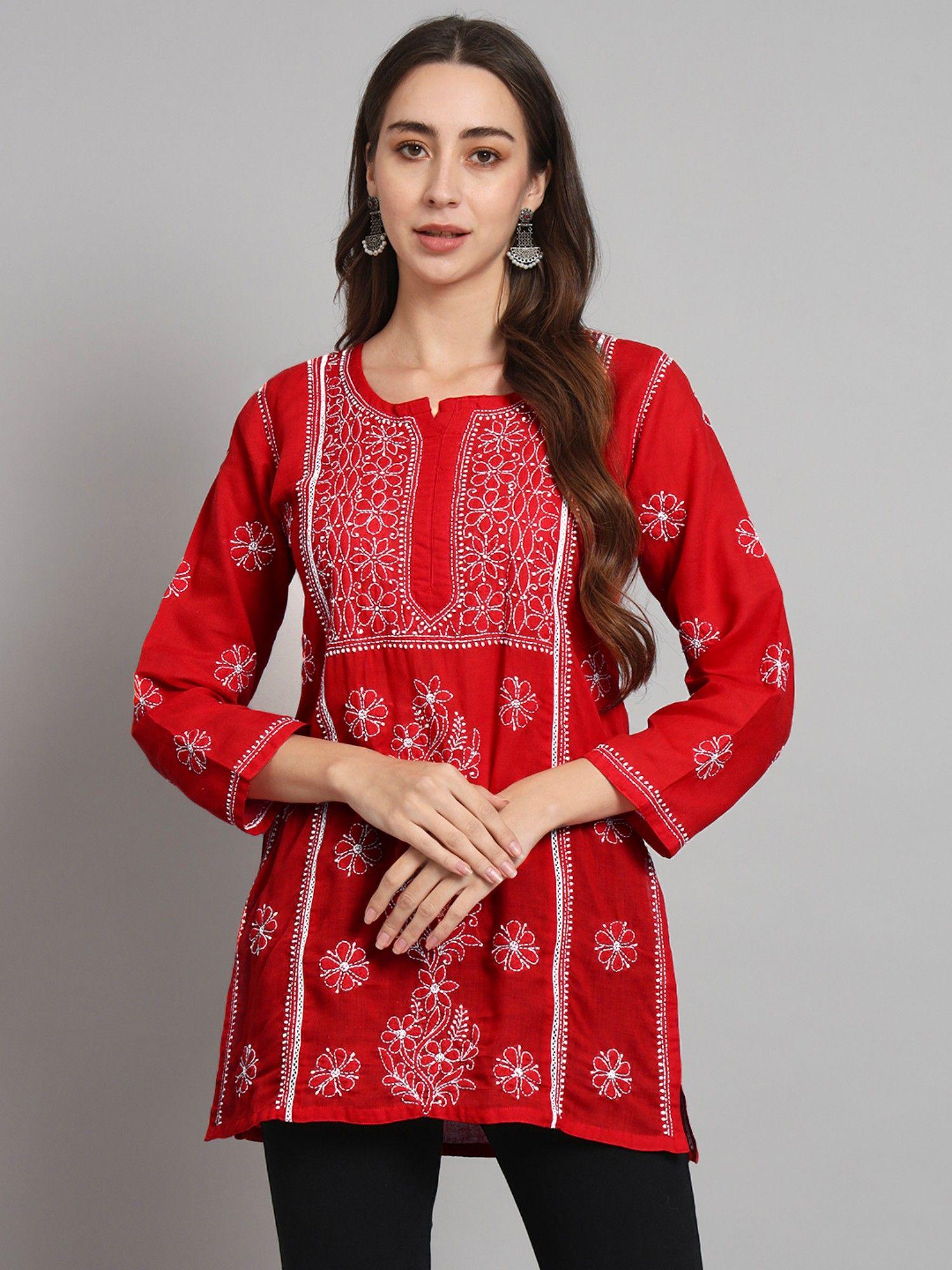 women's red hand embroidered lucknowi chikankari cotton tunic