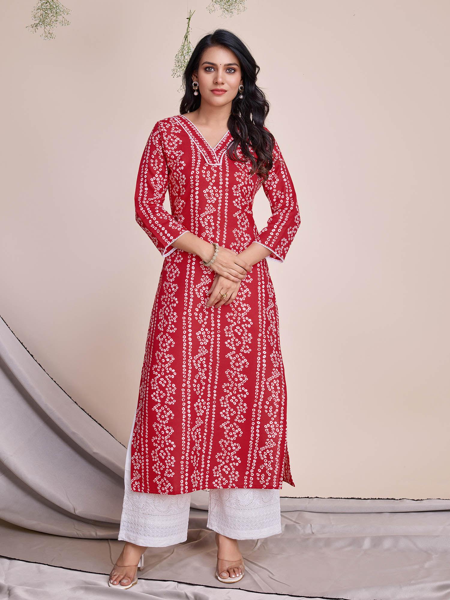 women's red linen bandhani straight kurta