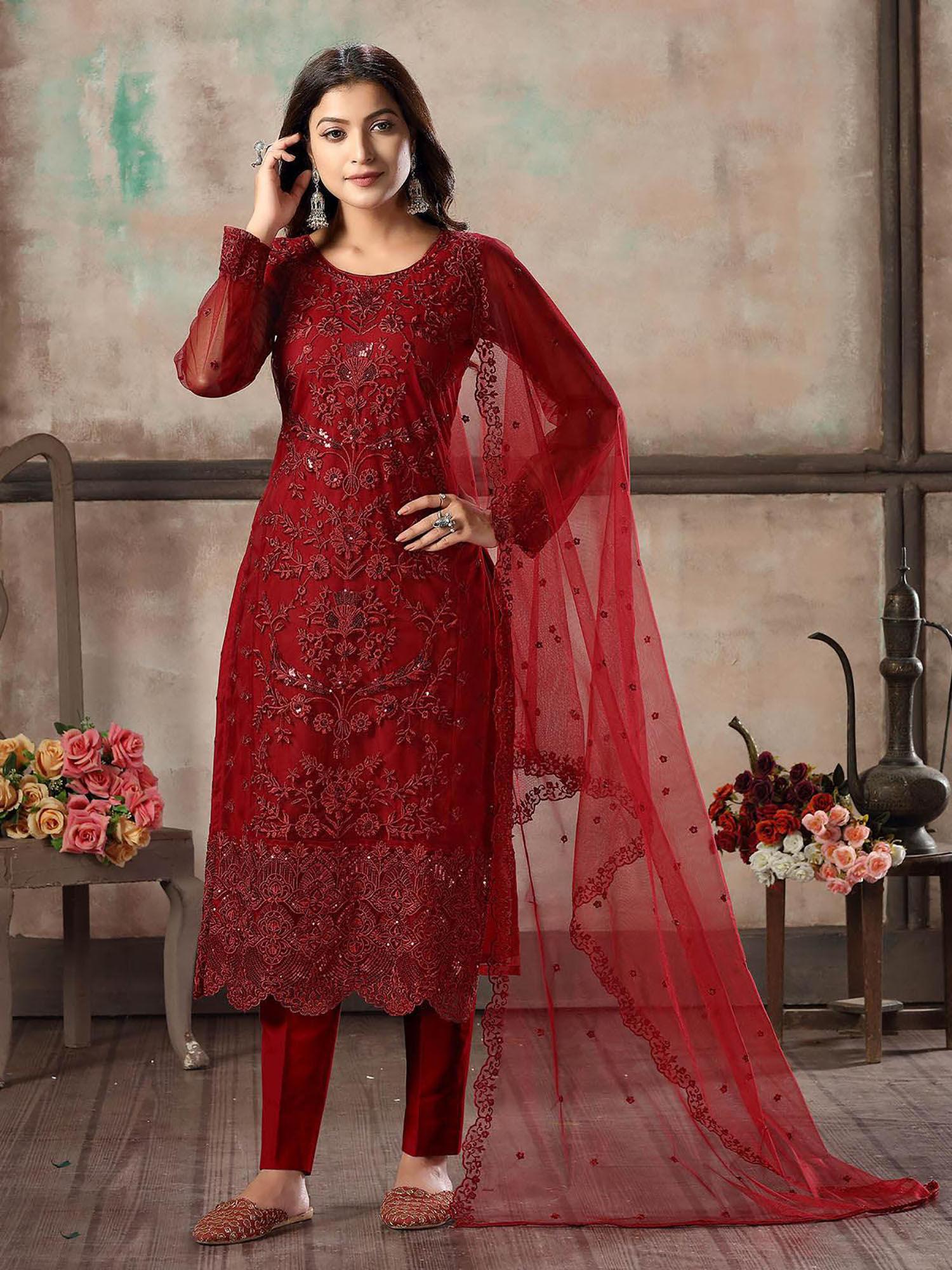 women's red net semi stitched suit (set of 3)