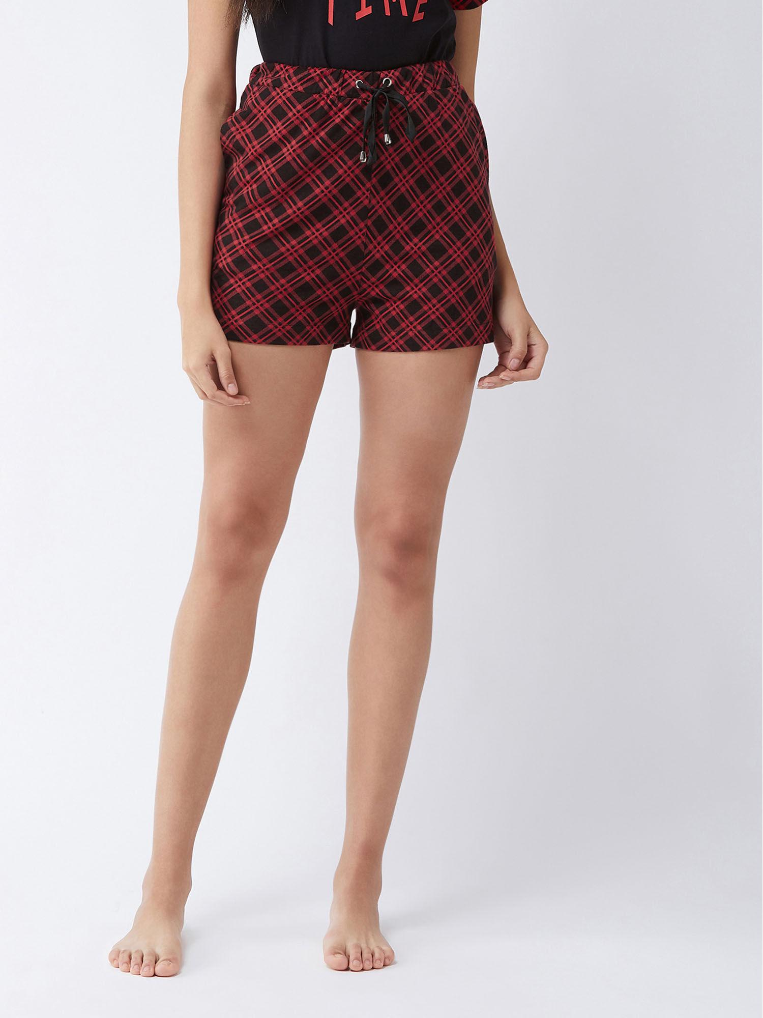 women's red regular length checkered shorts