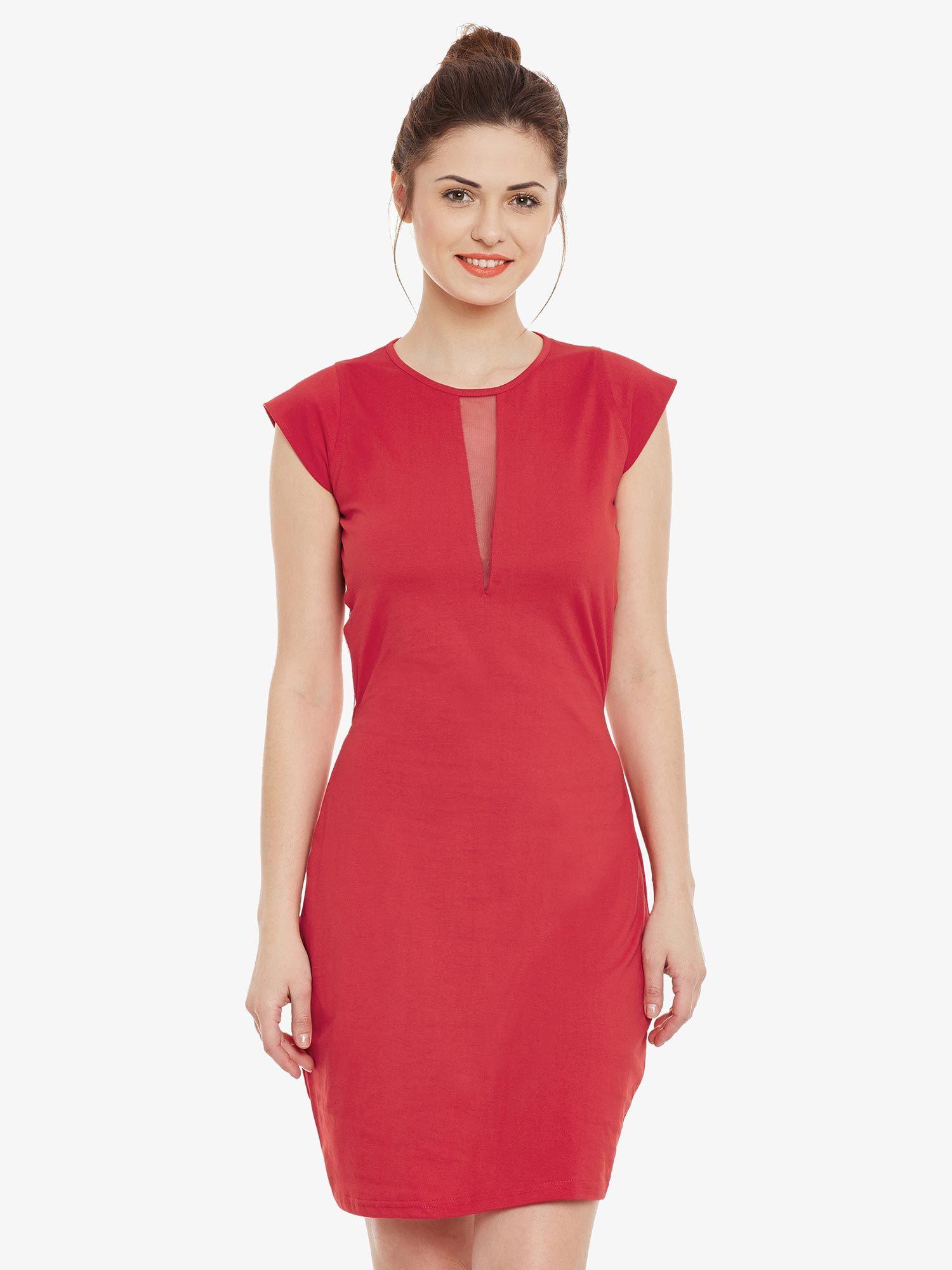 women's red solid cap sleeve round neck mini bodycon dresses