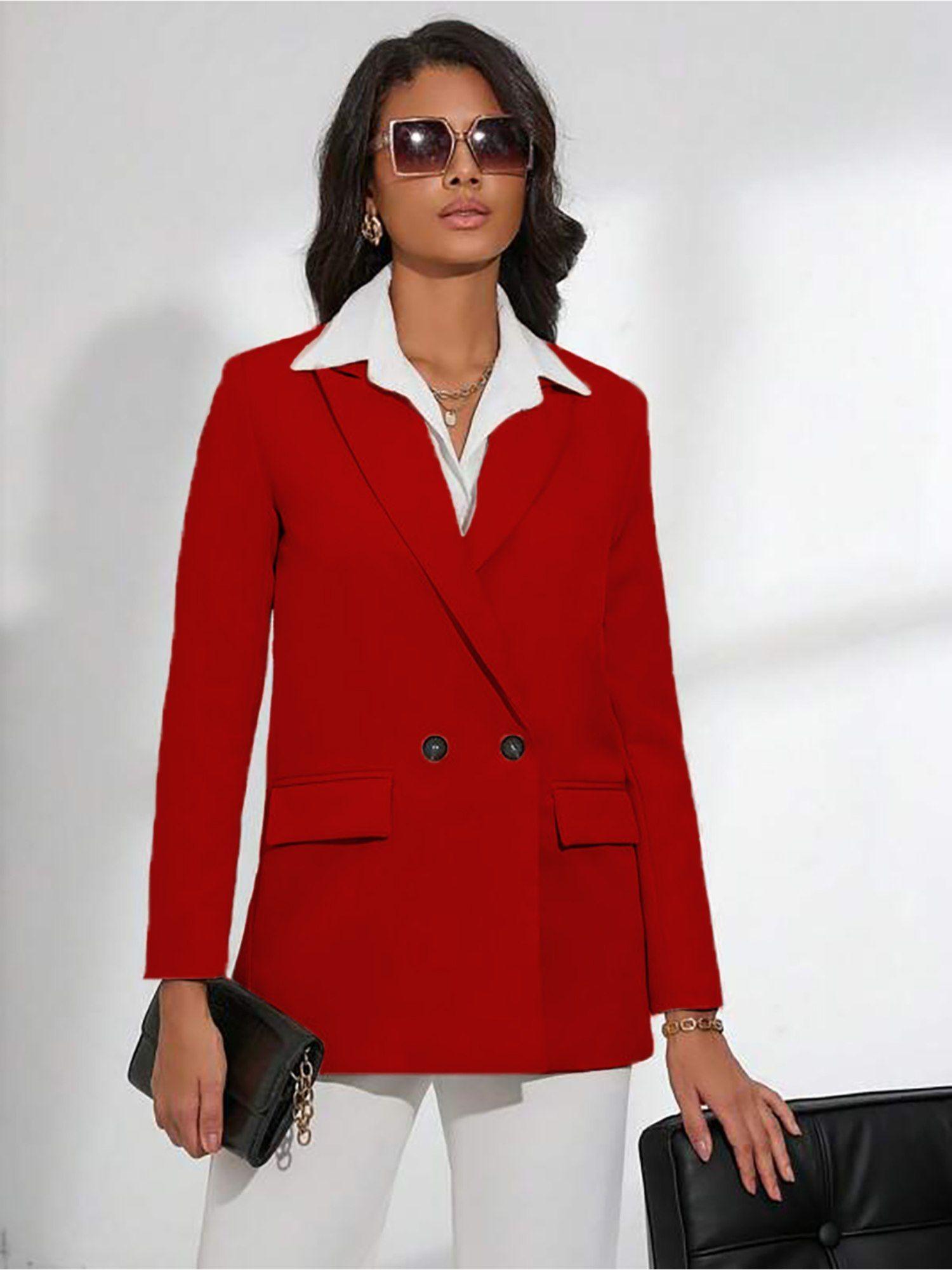 women's red solid casual blazer