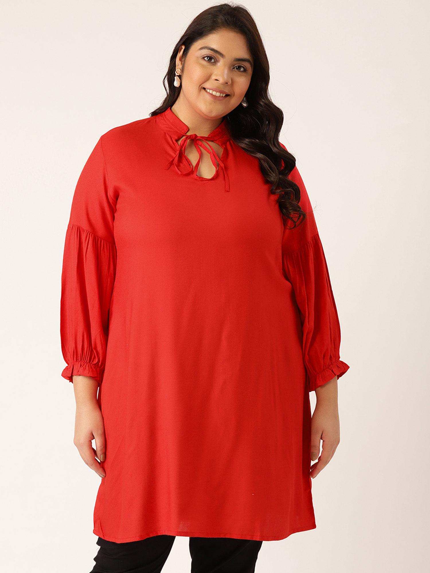 women's red solid color notch neck tunic