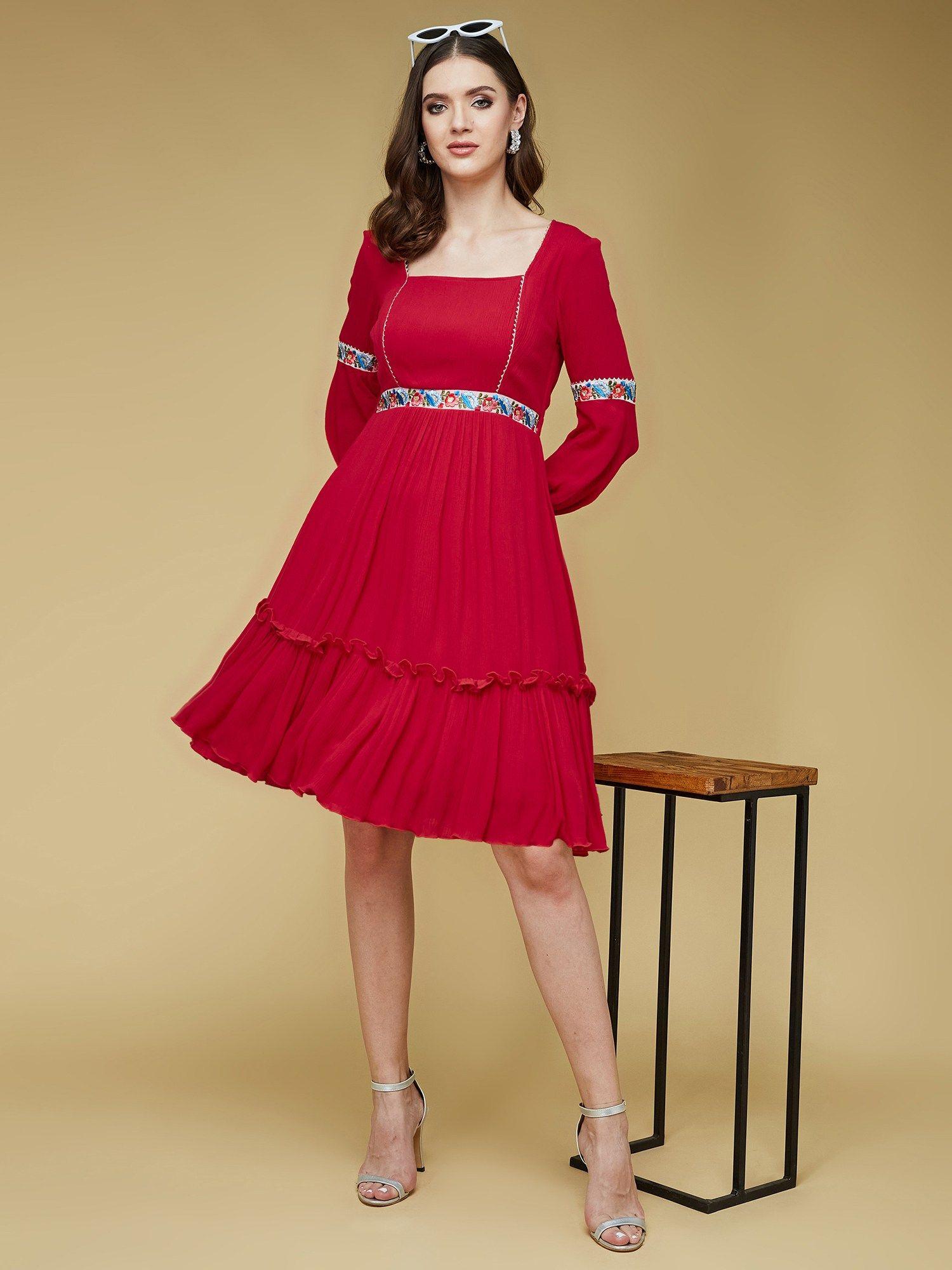 women's red solid gathered dress