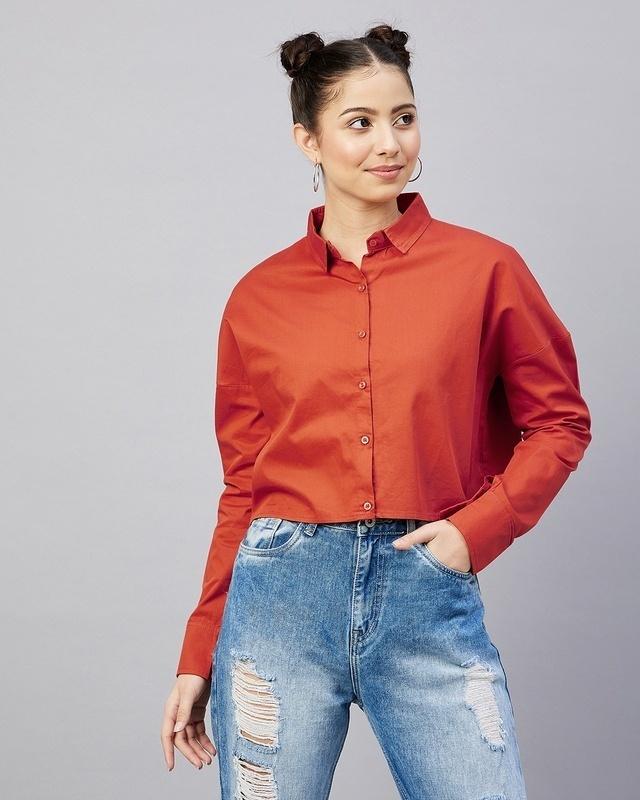 women's red striped drop shoulder crop shirt