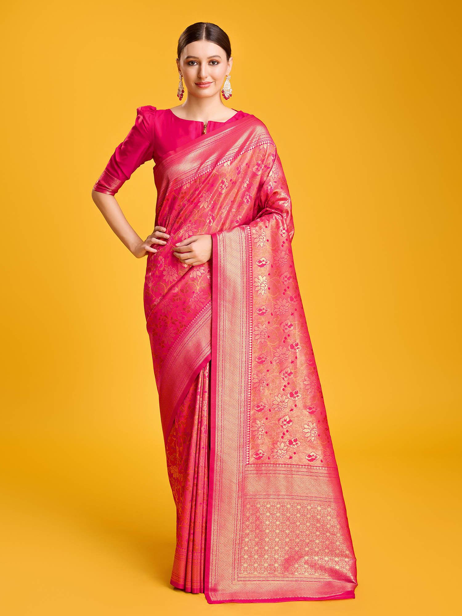 women's regal rani pink banarasi silk handwoven jaal pattern saree with unstitched blouse