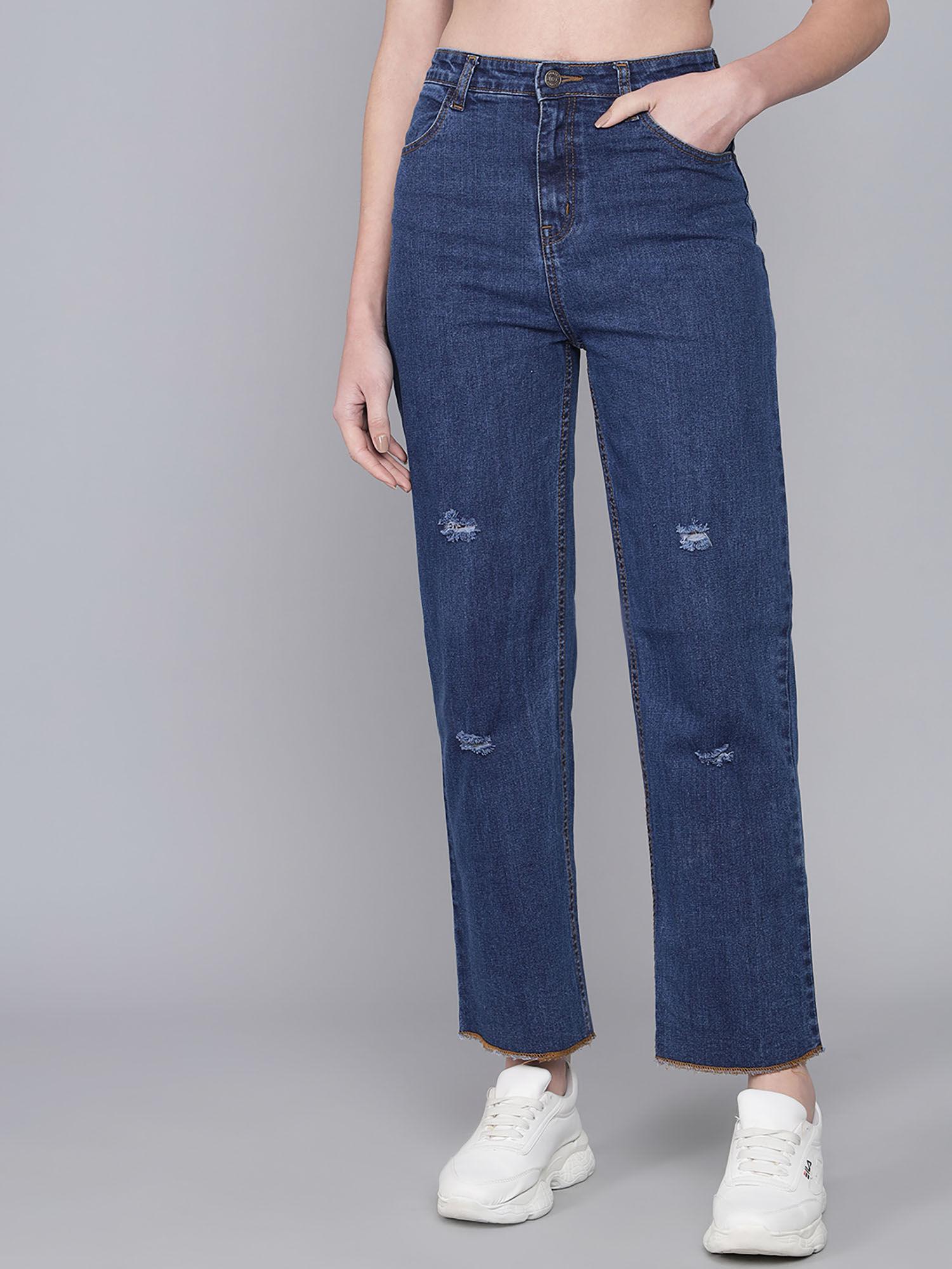 women's regular distress mid rise blue jeans