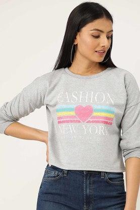 women's regular fit printed round neck sweatshirt - grey melange