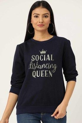 women's regular fit printed round neck sweatshirt - navy