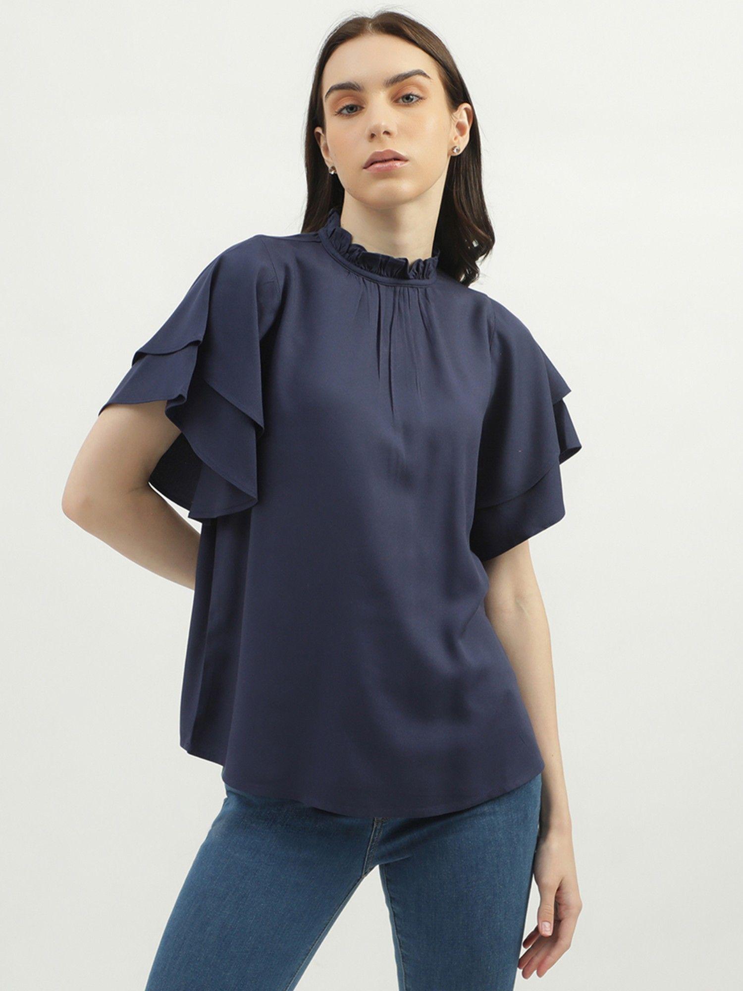 women's regular fit ruffled neck solid top