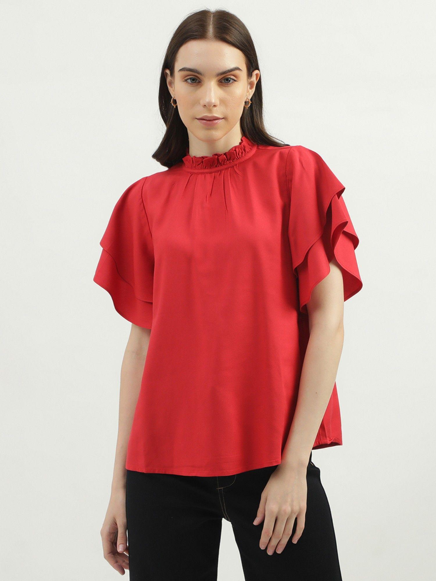 women's regular fit ruffled neck solid top