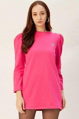 women's regular fit solid round neck sweatshirt - fuchsia