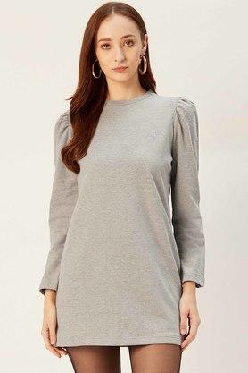 women's regular fit solid round neck sweatshirt - grey melange