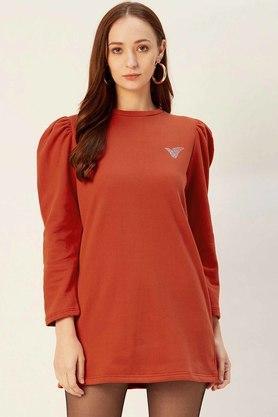 women's regular fit solid round neck sweatshirt - rust