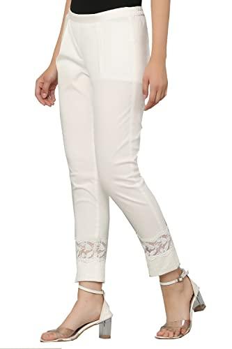 women's regular fit stylish cotton lycra lace pants with pintuck (xxl, off white)