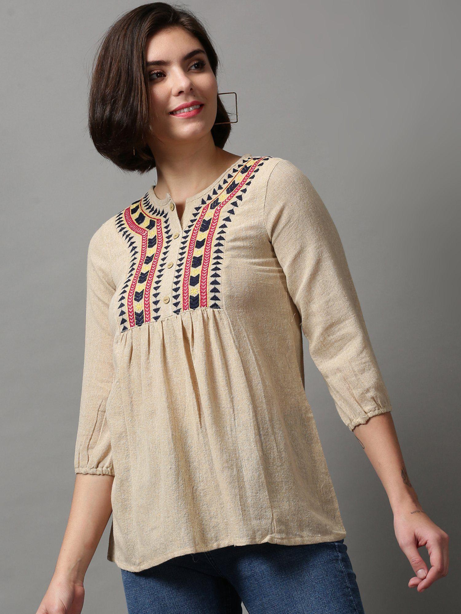 women's regular sleeves ethnic motifs beige empire top