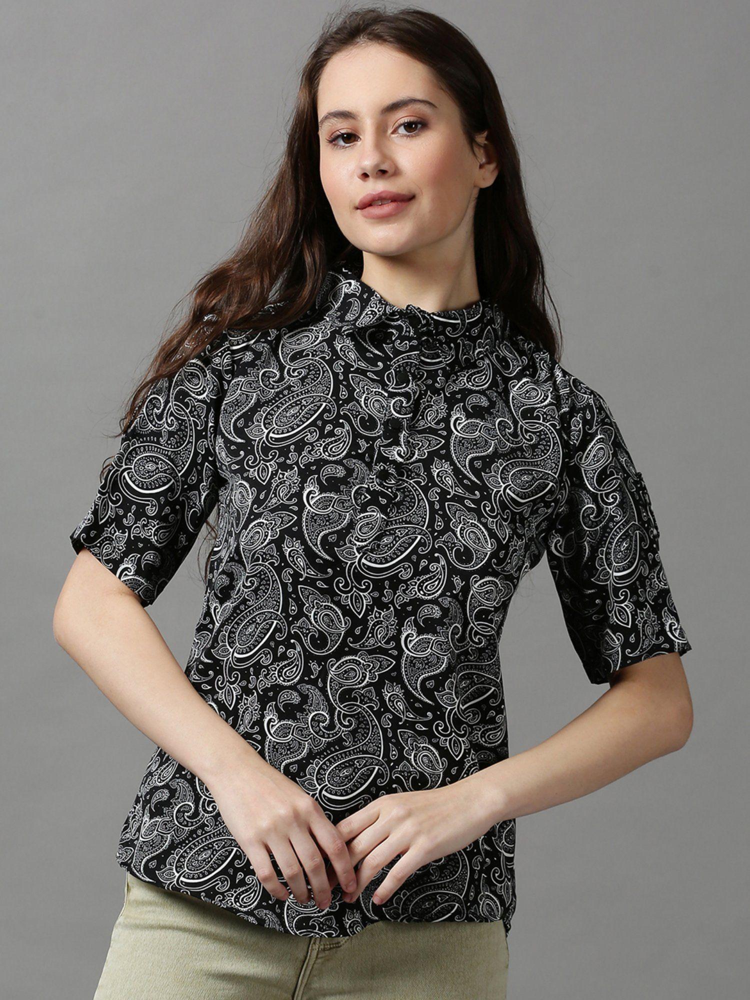 women's roll-up sleeves ethnic motifs black regular top