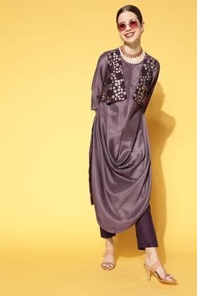 women's round neck chinon flared kurta and pant set - purple