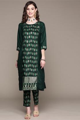 women's round neck chinon straight kurta and pant set - green