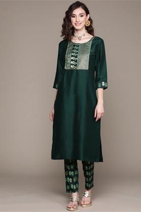 women's round neck chinon straight kurta and pant set - green