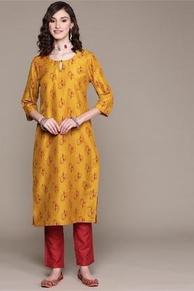 women's round neck chinon straight kurta and pant set - mustard