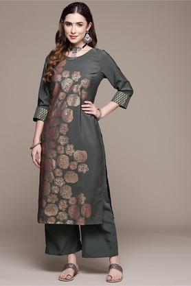 women's round neck crepe kurta and palazzo set - grey