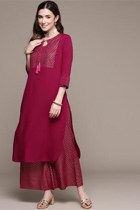 women's round neck crepe kurta and palazzo set - pink