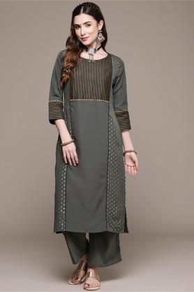 women's round neck crepe kurta and pant set - grey