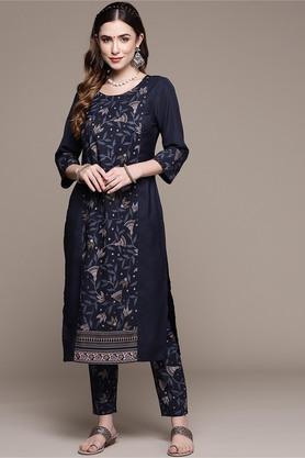 women's round neck crepe kurta and pant set - navy