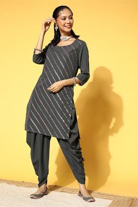 women's round neck crepe straight kurta and dhoti pant set - charcoal
