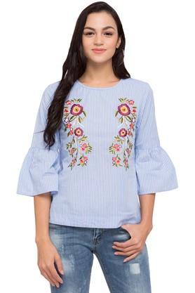women's round neck embroidered top - blue