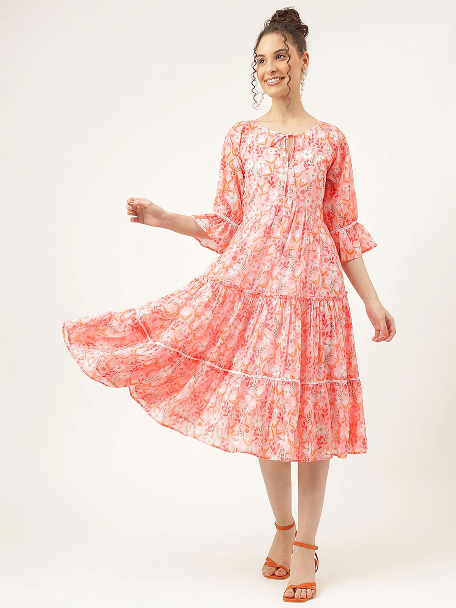 women's round neck fit & flare peach floral midi dress
