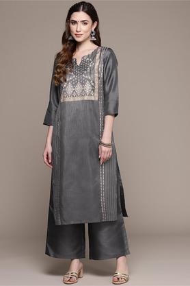 women's round neck poly silk kurta and palazzo set - grey