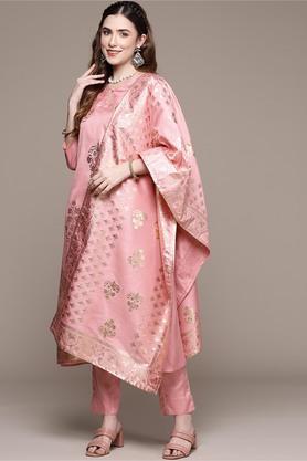 women's round neck poly silk kurta pant and dupatta set - pink