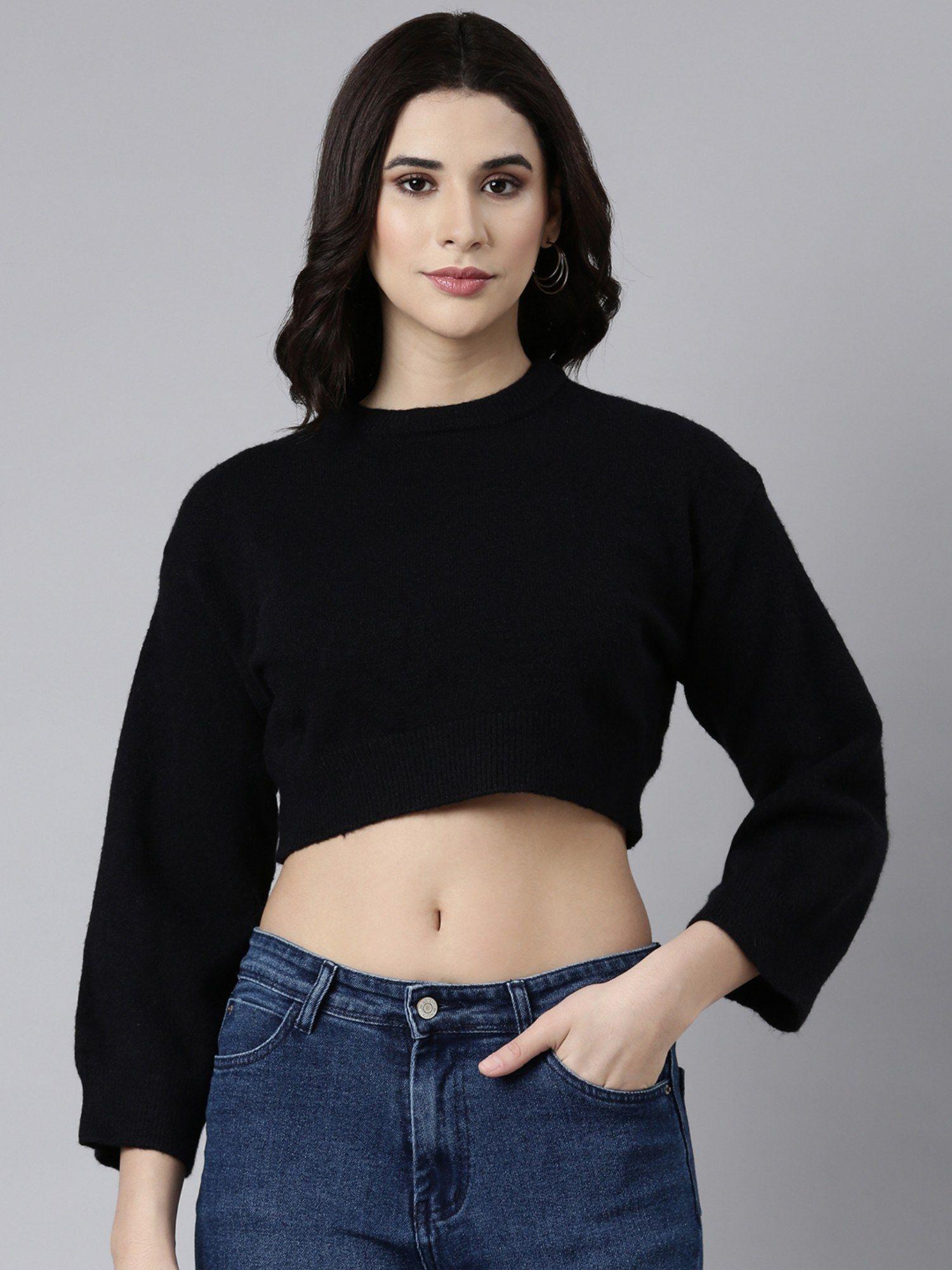 women's round neck solid black crop top