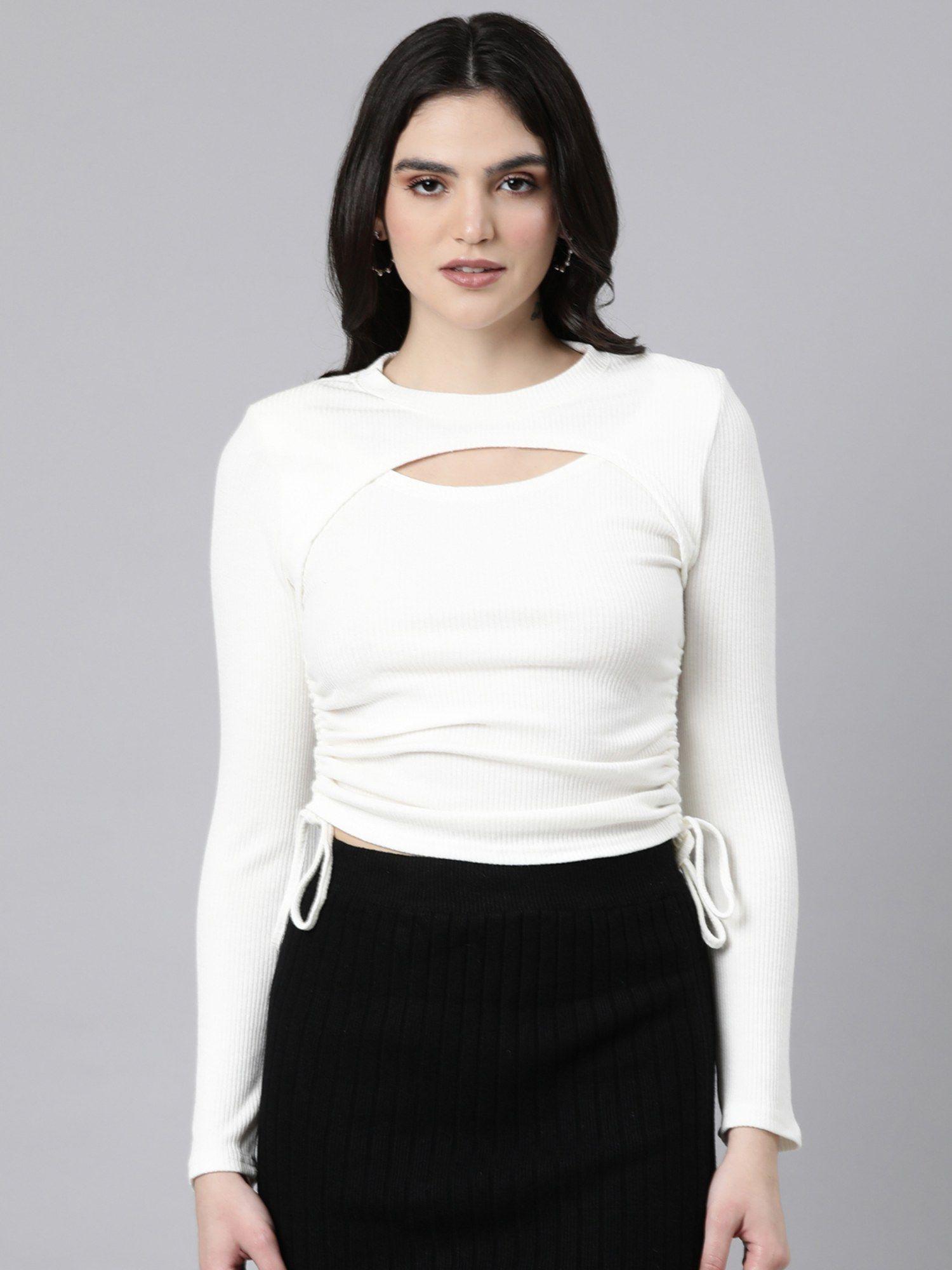 women's round neck solid off white ruched top