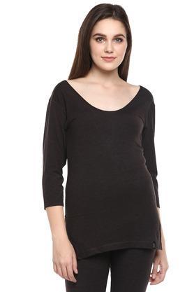 women's round neck solid thermal t-shirt - black