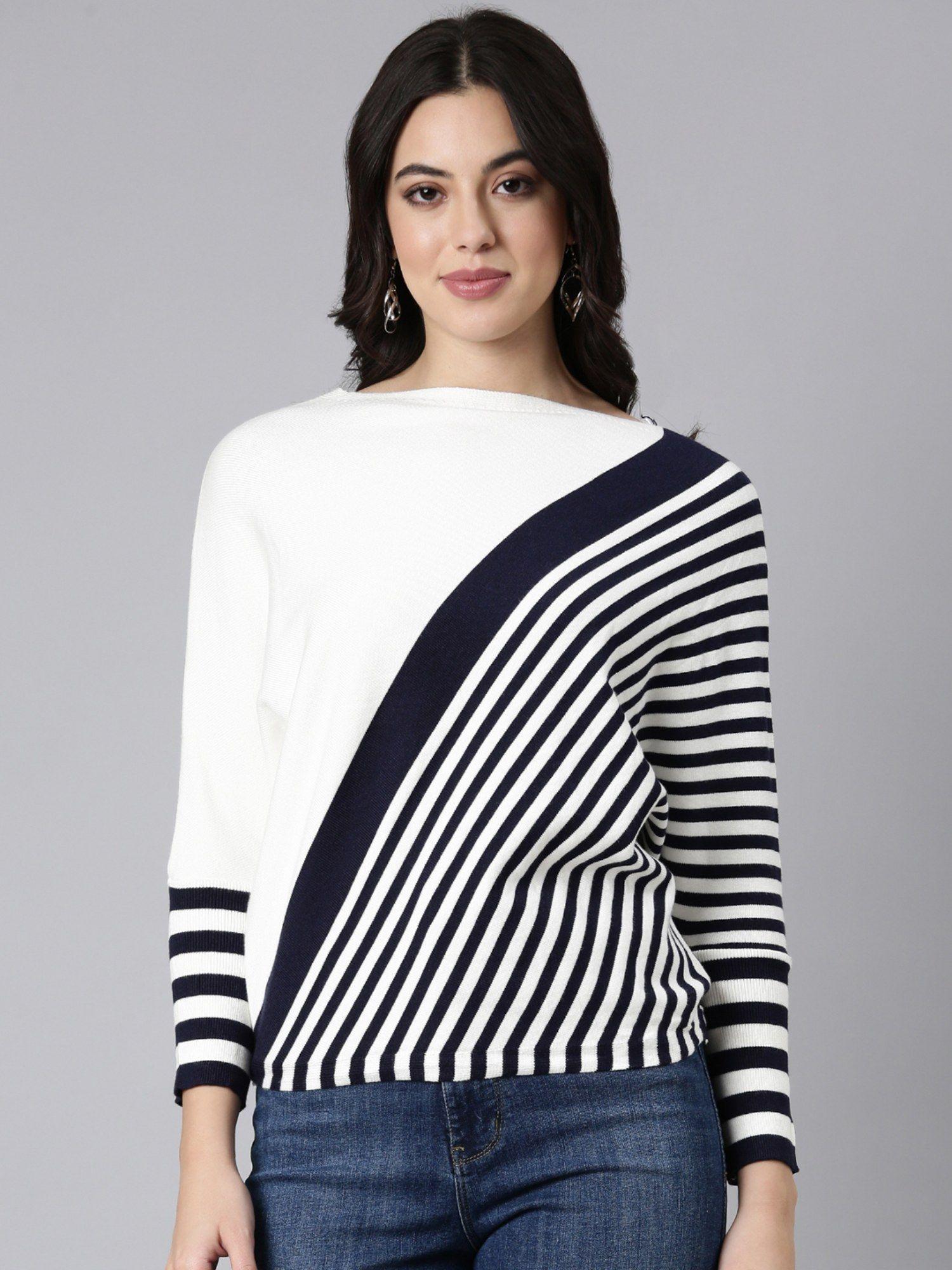 women's round neck striped boxy navy blue batwing sleeves top