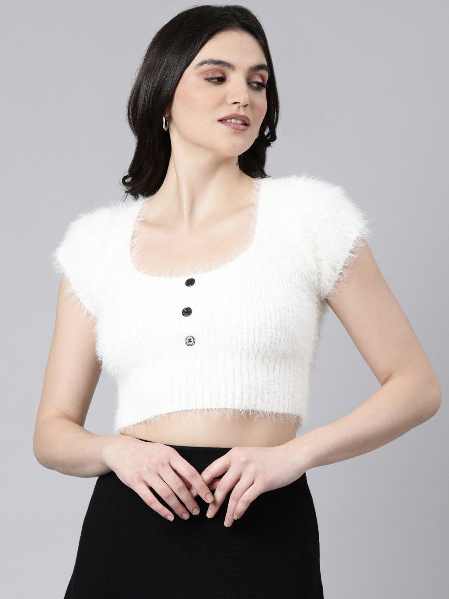 women's round neck textured off white fitted crop top