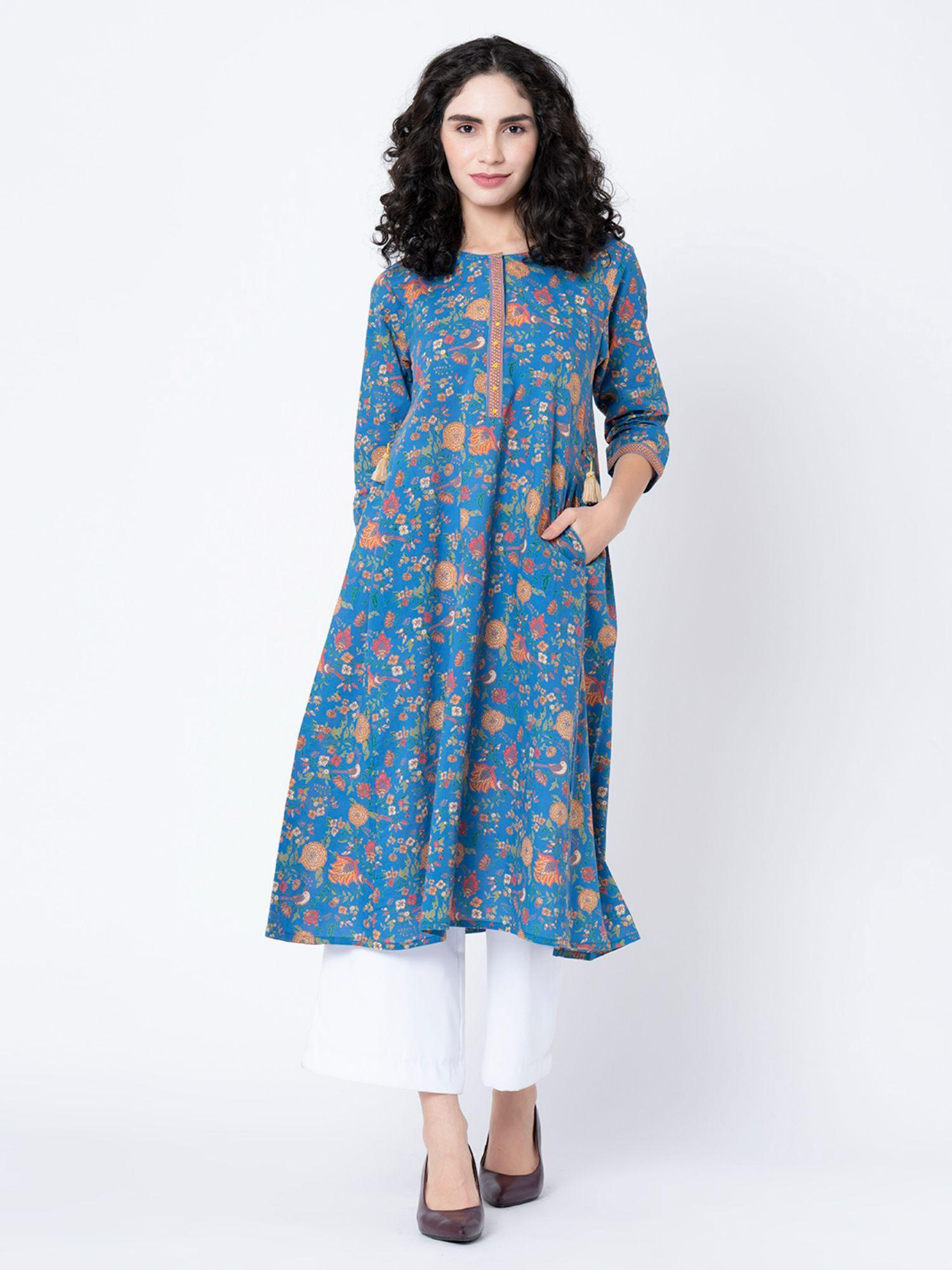 women's royal blue floral print kurta