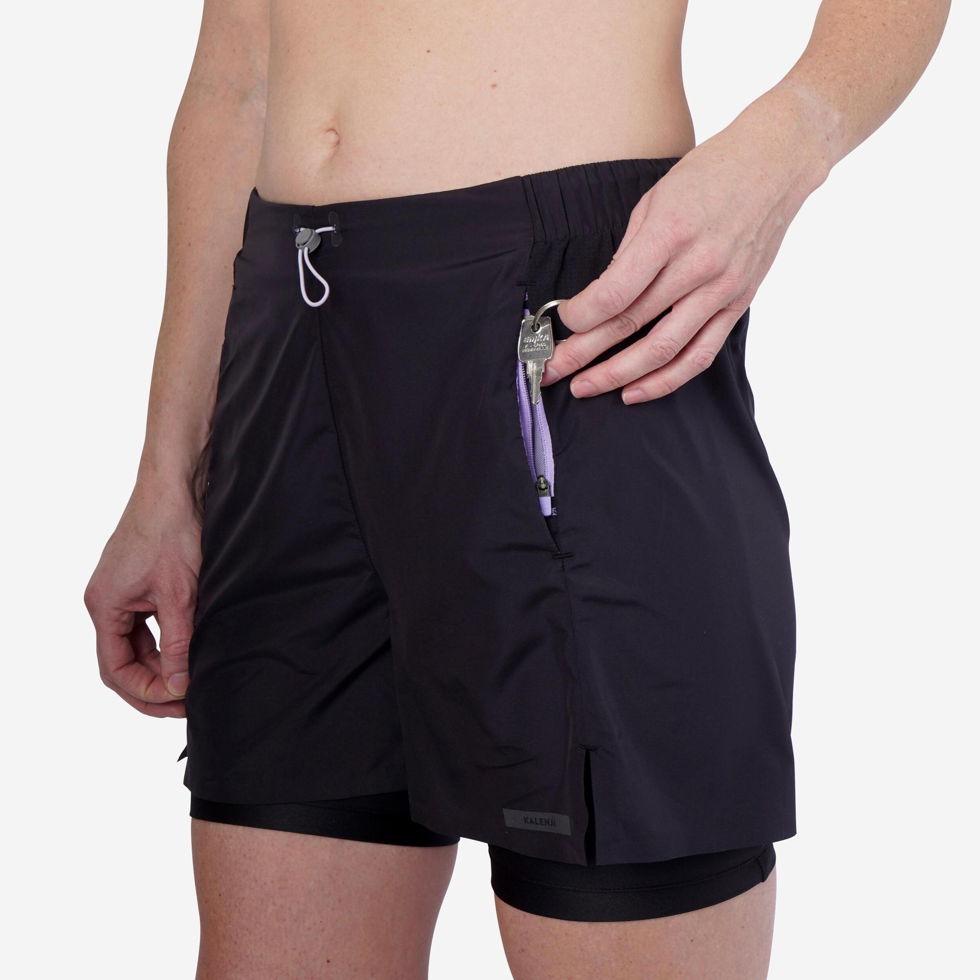 women's running breathable 2-in-1 shorts - kiprun run 500 dry black